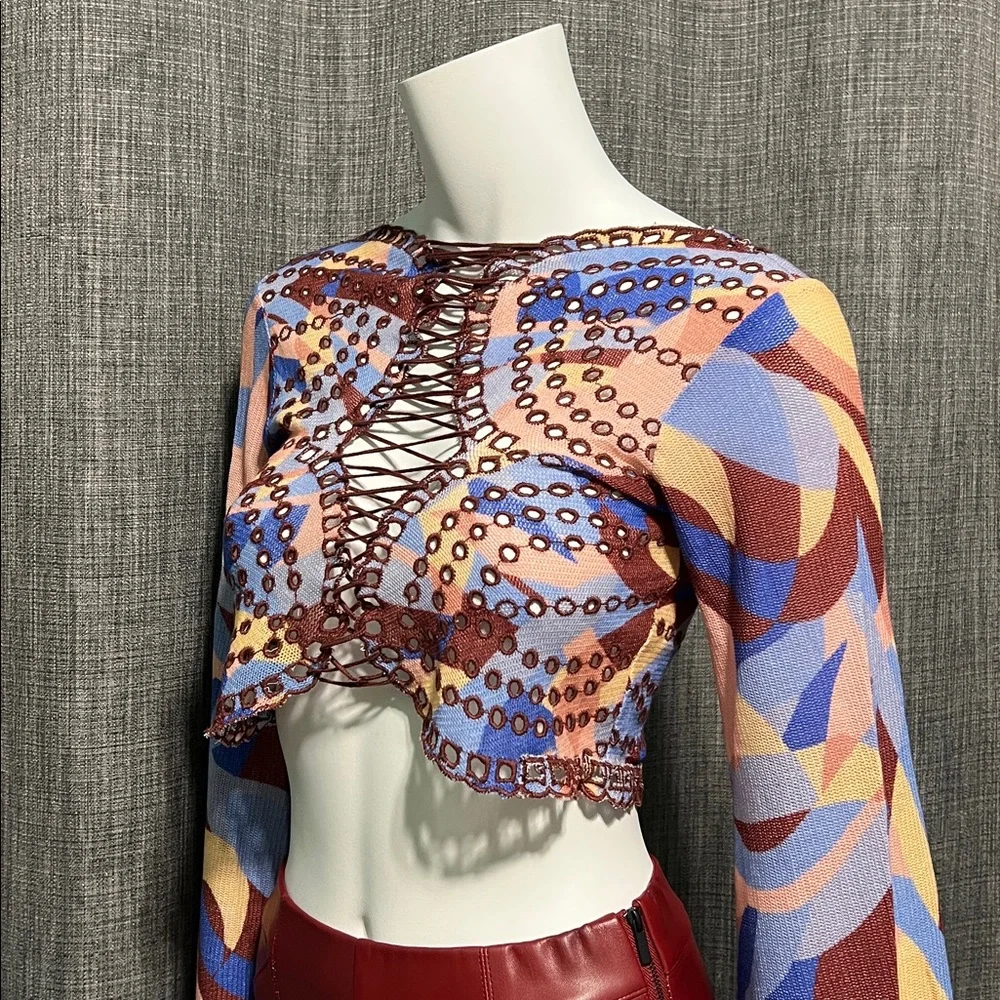 NWT Free People Eyes On You Lace Up Top Pacific Combo RARE TRIM COLOR XS